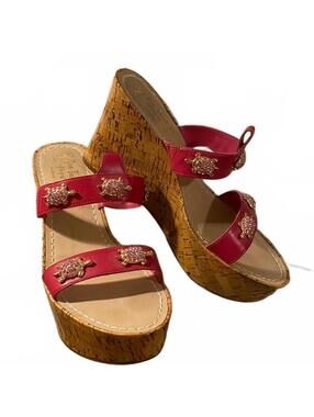 Miss Trish Pink Beaded Turtle Cork Wedge Sandals Size 8.5